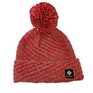 Columbia Beanie Hat Womens One Size Coral  Red Grey Pattern With Pompom C02-0292